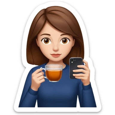 drinking tea looking phone brown hair women sticker