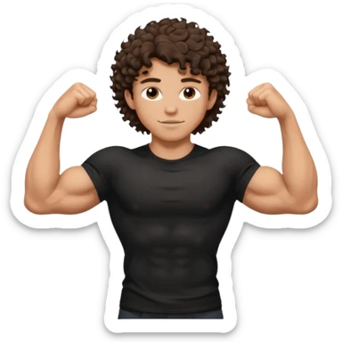muscular teen boy with veiny hands arms and biceps. has messy brunette curly hair with tan skintone with black tshirt sticker