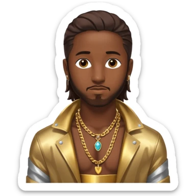 Omarion with long dark brown hair, shirtless with necklace, metallic bronze jacket sticker