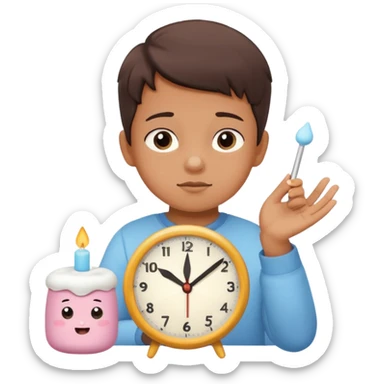 Emoji-style marshmallow test, child choosing between 1 marshmallow now and 2 later, clock above showing 15 minutes, cute lighting and pastel colors sticker