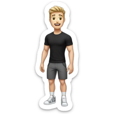 amazed Open with surprise mouth Pale skinned Fit Man With the biceps and dark brown hair in black shirt, gray sports shorts and white Sneakers sticker