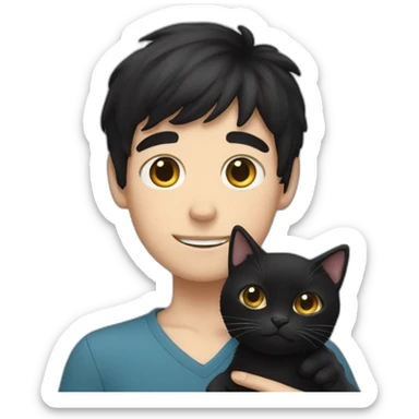 black haired white boy holds a black cat sticker