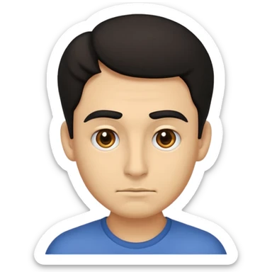 emoji a medio cuerpo hasta la cintura, hombros anchos, de un hombre, con cejas gruesas inclinadas hacia abajo, nariz medio grande, hombros anchos, sin sonrisa, hombros anchos, cabello ondulado con un corte adolecente, cabello negro. ojos negros. sticker