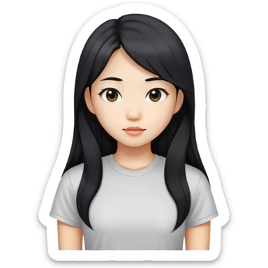 an asian girl with straight black and long hair, slight waves, tshirt sticker