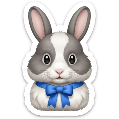 a white and black realistic domestic rabbit with a blue ribbon on its neck sticker