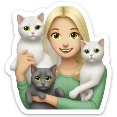 Me( blond girl with green eyes) smiling and holding British shorthair cats sticker