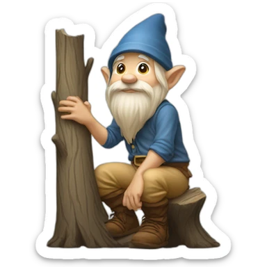side view of gnome with light tan pants squatting on top of small brown log sticker