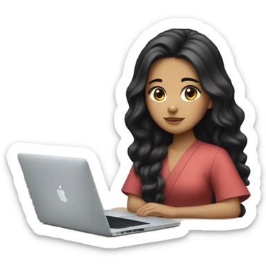 Japanese girl with long wavy  black hair sitting with a macbook show halfbody only sticker