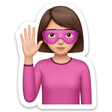 Woman with short brown hair and a pink shirt covering her face with her hand  sticker