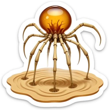 A quadrupedal being with a body of compressed amber sand that solidifies into glass-like plates at its joints, featuring hollow chambers within its torso where small dust devils perpetually swirl.

 sticker