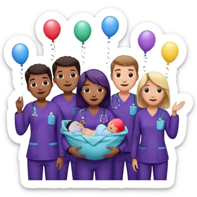 Create Happy & celebrating team faces for a hospital with a newborn saved with dress color as dark voilet sticker