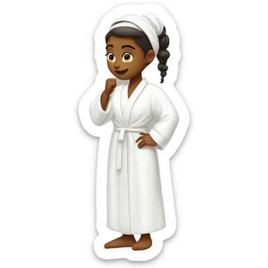 girl with hair up and white headband pushing back hair in a white robe putting on skincare sticker
