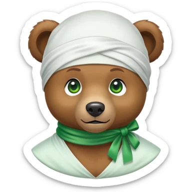 Adorable small brown bear face with green eyes wearing a white silk durag tied at the back, urban style, iOS emoji style sticker