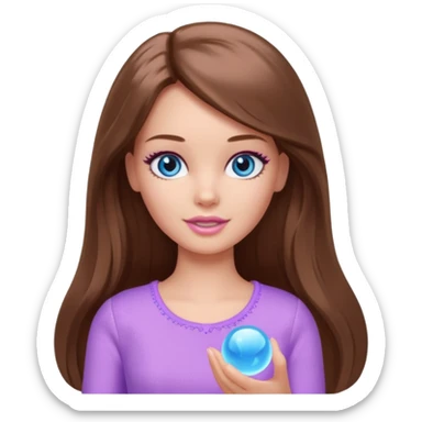 beautiful barbie girl with long brown hair, blue eyes and wearing light purple clothes playing games sticker