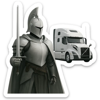 Remove the background, keep only the white knight and the 2022 white Volvo semi sleeper truck with transparent background. sticker