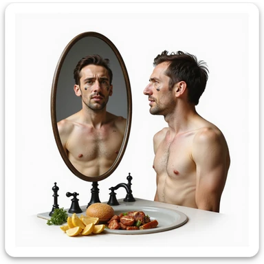 realistic man with marked face and dull eyes, mirror reflecting an image of himself with dull skin and fragile hair, healthy fatty foods barred on the sink, Italian caption: 'No grassi buoni: effetti visibili', isolated on white background sticker