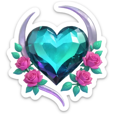 gothic heart made of shimmering aurora glass, adorned with a silver crescent moon, gradient roses, neon teal lightning, holographic stardust, drenched fractured glass sticker
