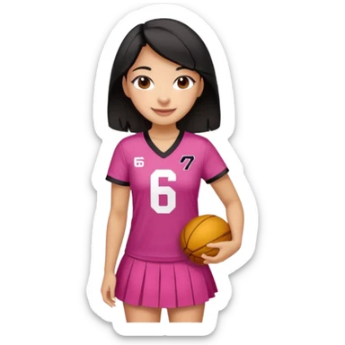 Hawaiian girl with black hair with dark pink highlights in hair with short skirt and jersey shirt number 67 sticker