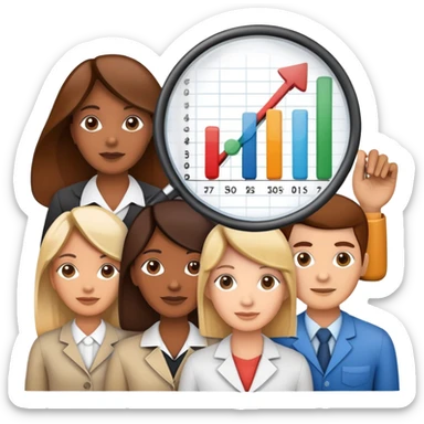 An icon featuring a group of diverse people, interconnected by lines, symbolizing sociology. The design includes a magnifying glass and a bar chart, representing the study of societies and social structures. Transparent background highlights the analysis of human behavior and social dynamics. sticker