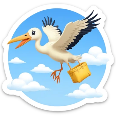 stork flying with a baby in a yellow bundle sticker