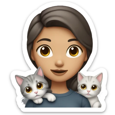 A girl with dark brown hair with a gray kitten in her arms sticker