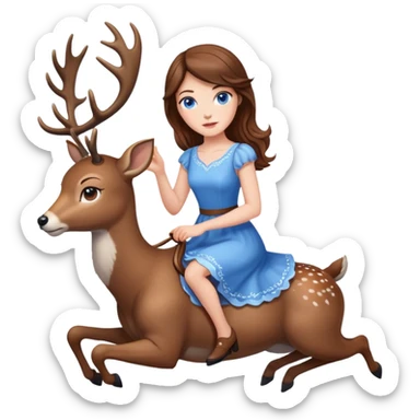 A white woman with brown hair and blue eyes in dress in riding a deer sticker