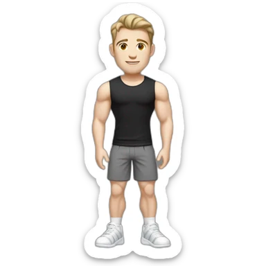 Idyll Pale skinned Fit Man With the biceps and dark brown hair in black shirt, gray sports shorts and white Sneakers sticker