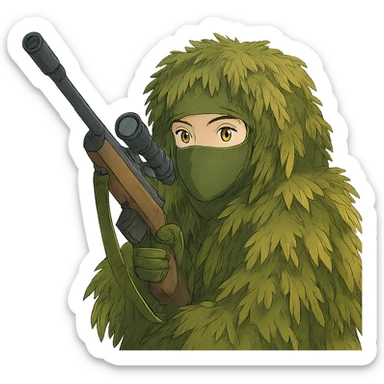 1 female, gold yellow eyes, face covered green balaclava, full military ghillie sniper camouflage, rifle up sticker