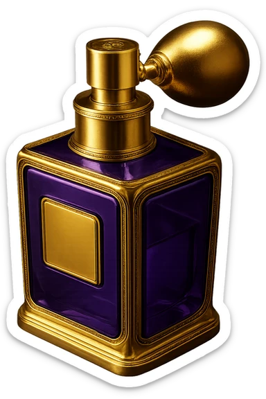Make this purple perfume bottle look more luxurious with elegant details and add gold accents. Keep the background transparent. sticker