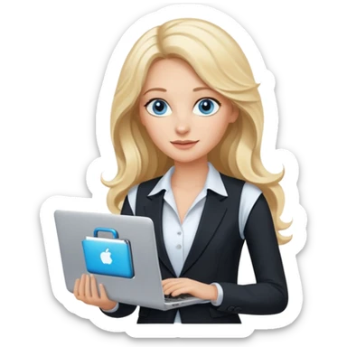 3D Apple-style emoji of a blonde woman whits long wavy hair, with bright blue eyes,
wearing a white sleeveless top,
holding a silver laptop,
clean white background, smooth rounded design
black suite sticker