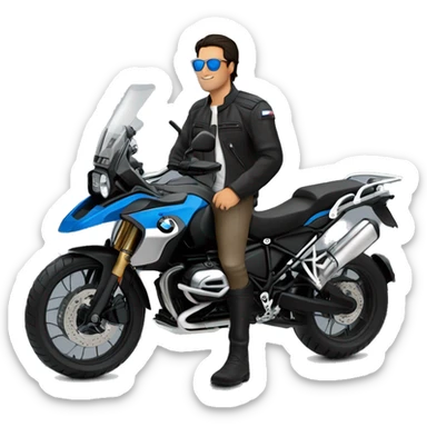 bmw gs 1250 black male rider sunglases on bike dark hair blue eyes sticker