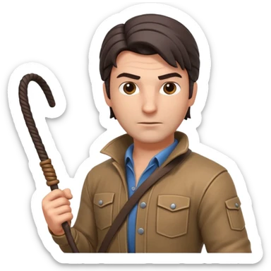 man with a whip portrait, head and shoulders only, whip coiled on shoulder, rugged outfit, confident look, 3D cartoon, mobile game icon style, clean background, no text, no watermark
 sticker