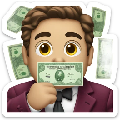 fat guy in dark red velvet suit holding cheque sticker