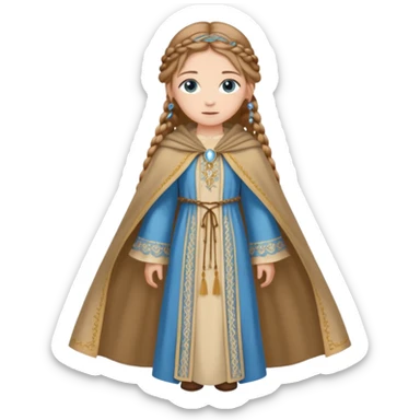 Joven de unos 20 años, de aspecto dulce y elegante.
Piel clara, ojos (pueden ser azules o verdes)
Rubio o castaño claro, largo, con trenzas o velo.
Vestido largo de tonos suaves (blanco, azul o lavanda), con bordados dorados; un manto o toca fina cubriendo la cabeza. Haz todo el cuerpo sticker