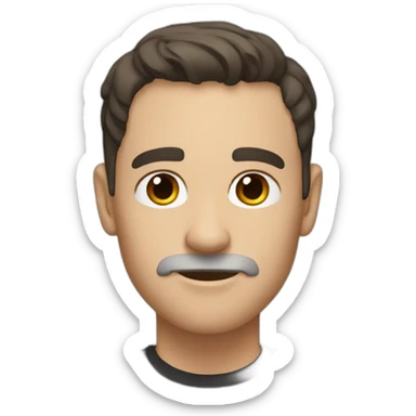 a shaved white man with messy mid-long dark brown hair, with a black t-shirt sticker