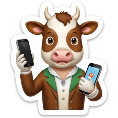 Italian cow meme holding a smartphone with hoof sticker