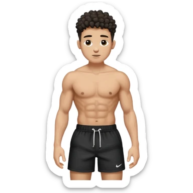 Ripped, athletic man with thick neck, high top fade with no part, curly hair only top only, no shirt and show waistline up, white male, black shorts and more man face sticker