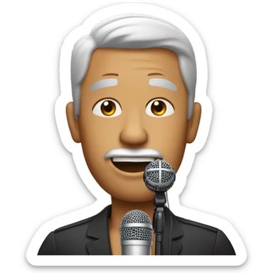 Man with microphone singing with no mustache sticker