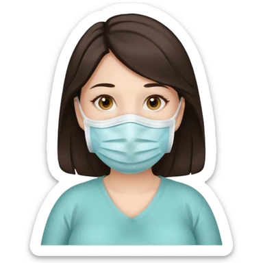 a pregrant lady with dark brown hair? Hair lengt above shoulder, wearing medical face mask sticker