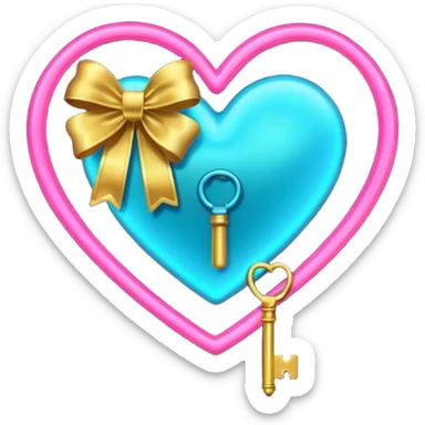 neon heart with a gold bow with heart pattern on the bow and a key sticker