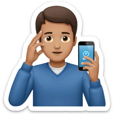 a guy holding 1 smartphone with both hands, smarphone should be horizontal, on top of his forehead sticker