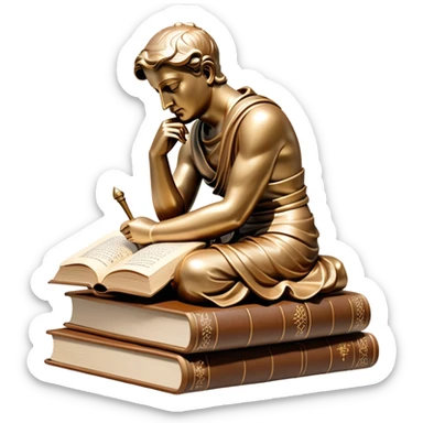 An icon featuring a Thinker statue, a scroll, symbolizing philosophy. The design includes books and abstract symbols representing deep thought and wisdom. Transparent background highlights the study of ideas, logic, and existential questions sticker