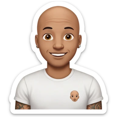 bald black man with intricate face tattoos, cheerful expression, wearing a t-shirt sticker