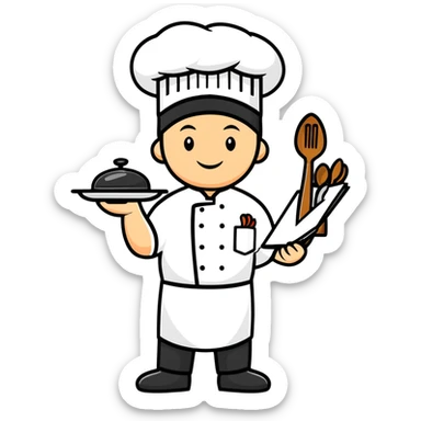 Enthusiastic chef wearing business suit and chef hat, holding cooking utensils and a sales contract sticker