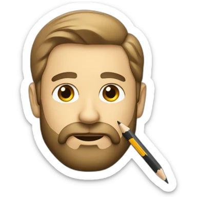a man with a beard in a suit with a pencil behind his ear sticker