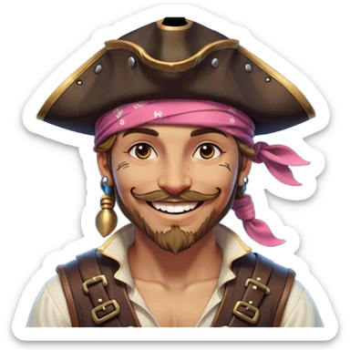 Clash of Clans aesthetic Playful Pirate Portrait Emoji, Head tilted with a roguish, cheeky grin and twinkling eyes, featuring a compact, spirited build with a jaunty hat and a quirky bandana, his natural skin tone evident, Simplified yet irresistibly charming features, highly detailed, glowing with a warm, inviting oceanic glow, high shine, spirited and lively, stylized with an air of whimsical maritime mischief, soft glowing outline, capturing the essence of a playful pirate exuding friendly rogue charm! sticker