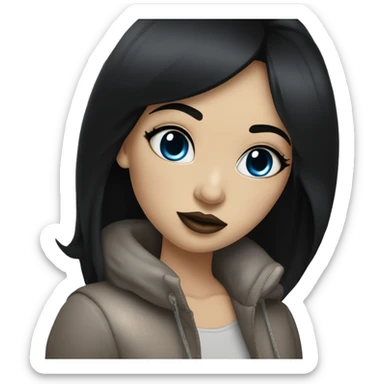 a girl with straight black hair below her shoulders with blue eyes that are lined with black pencil, with plump lips painted with glitter in a shade of cappuccino sticker