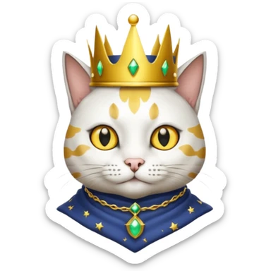 A wizard king cat that is mostly white with big black spots and yellow eyes sticker