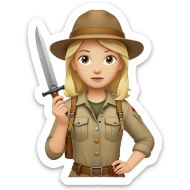 Blonde female wilderness explorer Melissa Backwoods holding a survival knife sticker