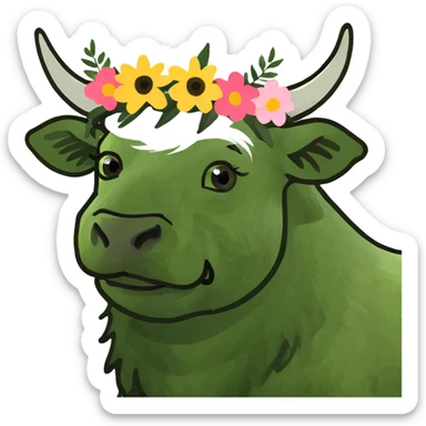 A highland cow wearing something cute with flowers on its head sticker